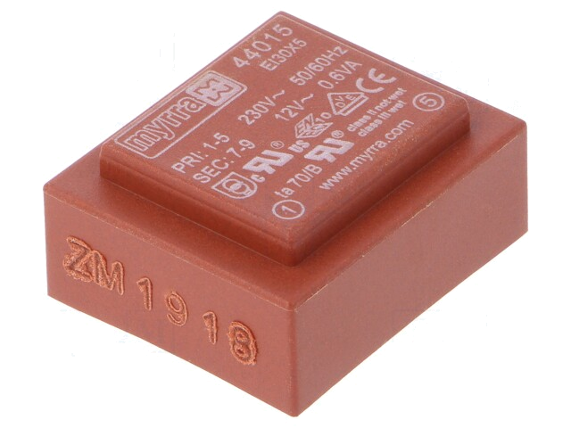 Transformator: ingegoten; 0,6VA; 230VAC; 12V; 50mA; PCB Transformator: ingegoten; 0,6VA; 230VAC; 12V; 50mA; PCB